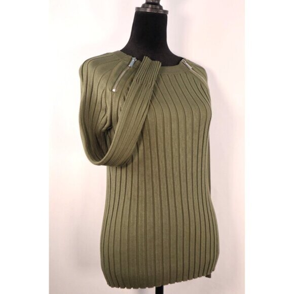 Ribbed Olive Green Zip-Angle Sweater M By INC International Concepts Size Medium - Picture 3 of 13